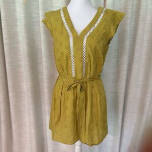 CeCe Yellow Eyelet‎ Romper Sz S Flutter Sleeve Lace Trim Lined Coquette Cottage